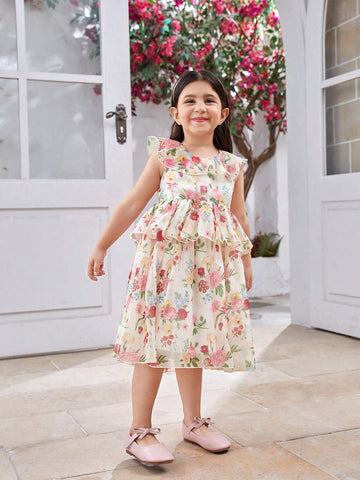 Girls' Floral Patchwork Princess Dress, Mid-Length, Formal Dress For Flower Girl