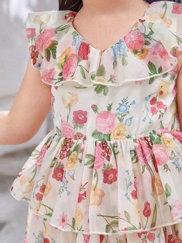 Girls' Floral Patchwork Princess Dress, Mid-Length, Formal Dress For Flower Girl