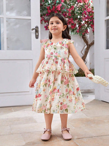 Girls' Floral Patchwork Princess Dress, Mid-Length, Formal Dress For Flower Girl