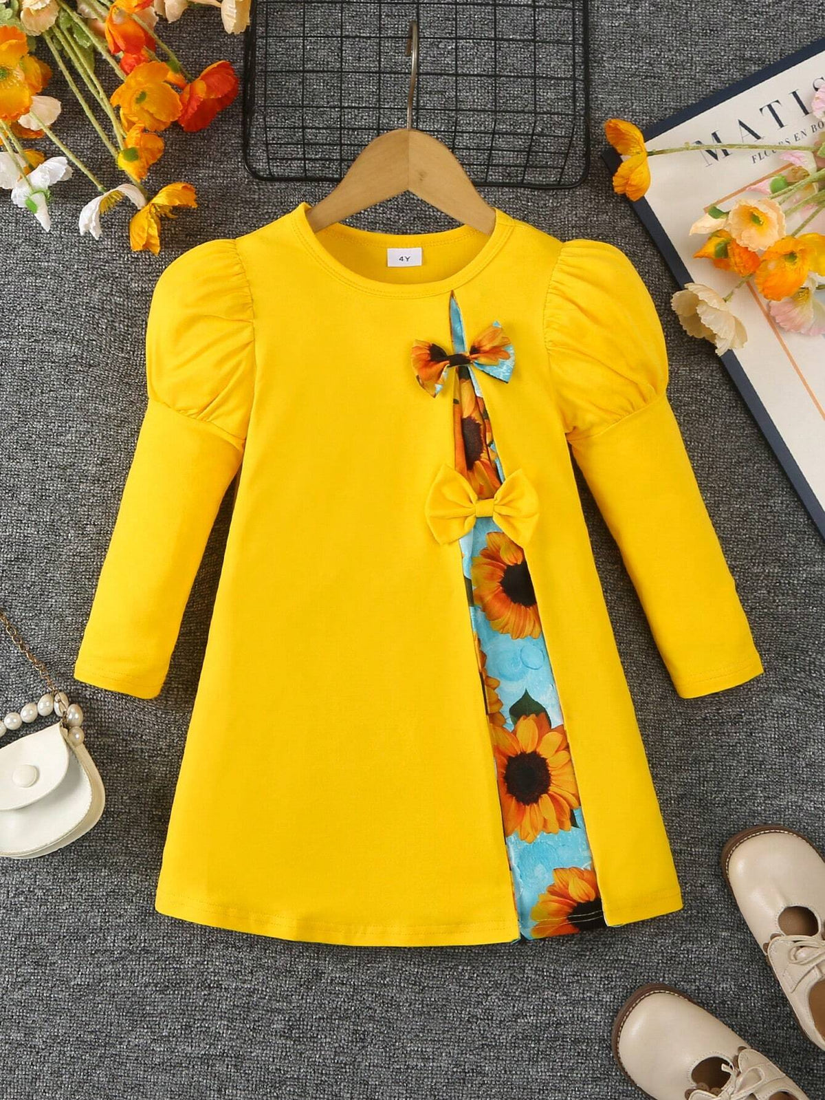 Girls Floral Patchwork Round Neck Long Sleeve Bow Decor Dress, Spring & Autumn