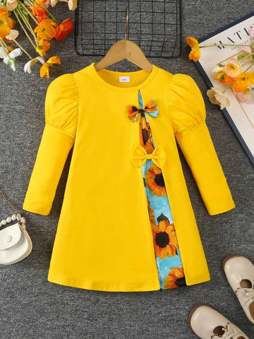 Girls Floral Patchwork Round Neck Long Sleeve Bow Decor Dress, Spring & Autumn