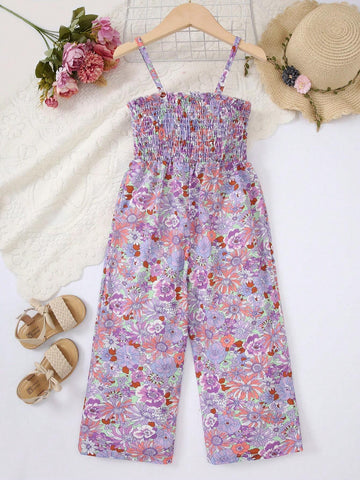 Girls' Floral Pattern Jumpsuit With Straps, Casual Summer Party Gift, Elegant Kids' Sleeveless Romper