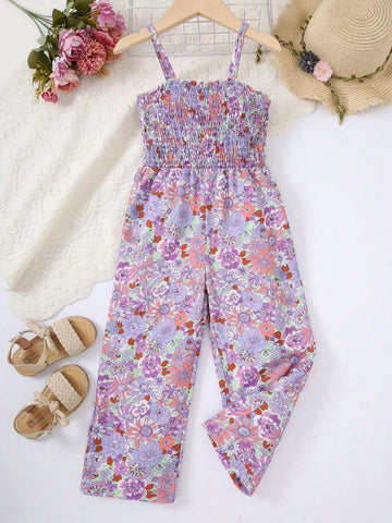 Girls' Floral Pattern Jumpsuit With Straps, Casual Summer Party Gift, Elegant Kids' Sleeveless Romper