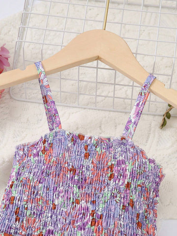 Girls' Floral Pattern Jumpsuit With Straps, Casual Summer Party Gift, Elegant Kids' Sleeveless Romper
