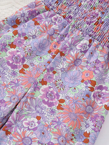 Girls' Floral Pattern Jumpsuit With Straps, Casual Summer Party Gift, Elegant Kids' Sleeveless Romper