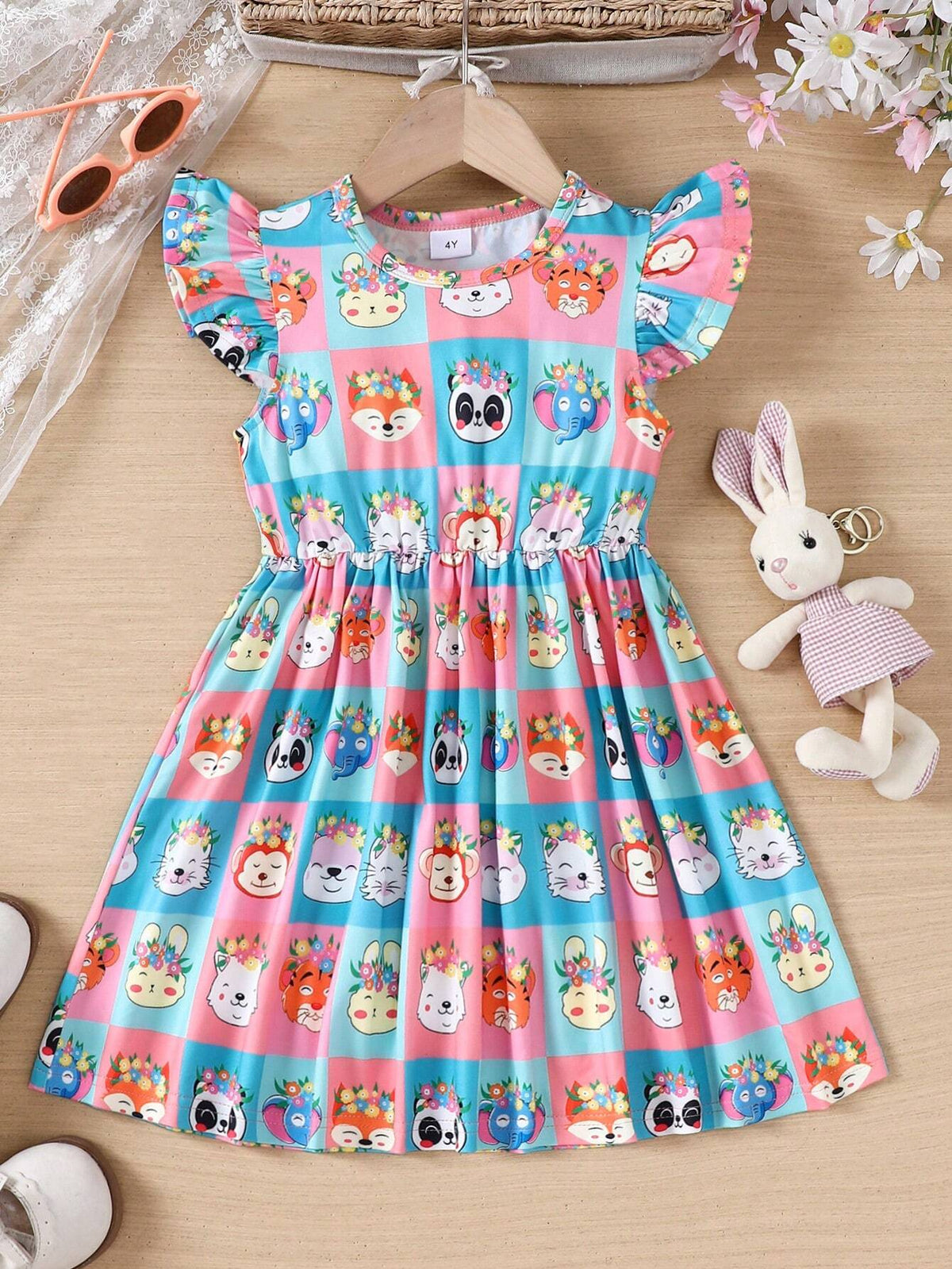 Girls' Floral Print Animal-Featured Fashionable Dress With Fluted Sleeves