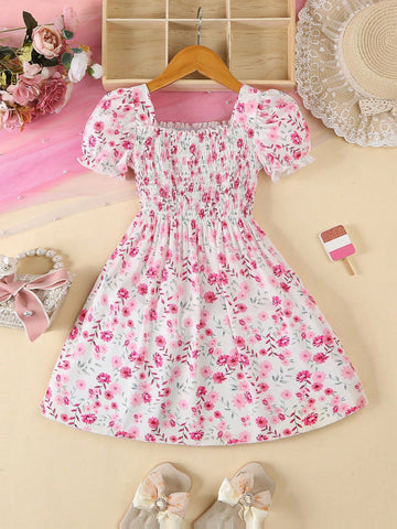 Girls' Floral Print Bow Decor A-Line Dress, Princess Style Summer Holiday Dress
