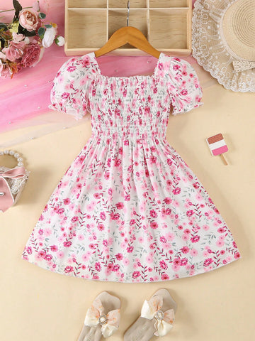 Girls' Floral Print Bow Decor A-Line Dress, Princess Style Summer Holiday Dress