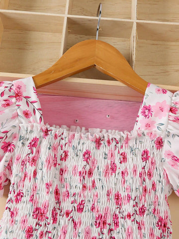 Girls' Floral Print Bow Decor A-Line Dress, Princess Style Summer Holiday Dress