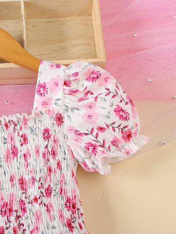 Girls' Floral Print Bow Decor A-Line Dress, Princess Style Summer Holiday Dress
