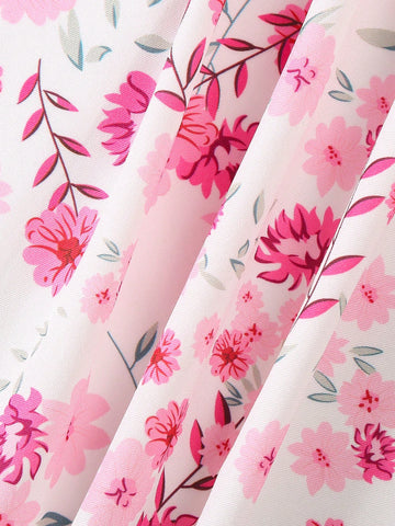 Girls' Floral Print Bow Decor A-Line Dress, Princess Style Summer Holiday Dress