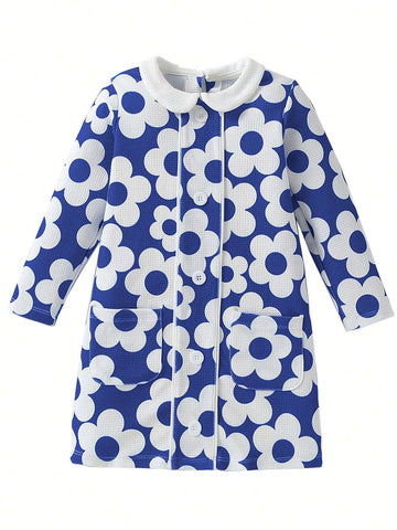Girls Floral Print Contrast Color Lapel Long Sleeves Dress For Casual And Vacation