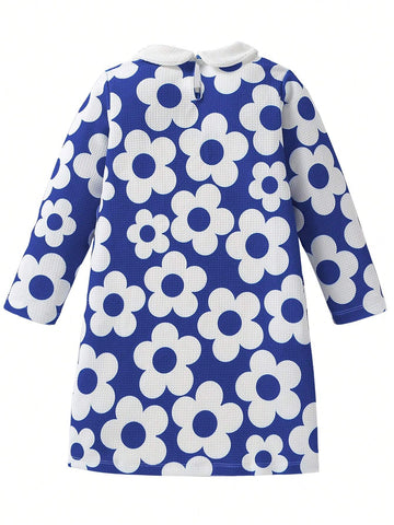 Girls Floral Print Contrast Color Lapel Long Sleeves Dress For Casual And Vacation
