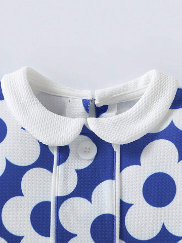 Girls Floral Print Contrast Color Lapel Long Sleeves Dress For Casual And Vacation