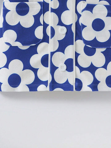 Girls Floral Print Contrast Color Lapel Long Sleeves Dress For Casual And Vacation