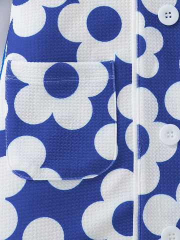 Girls Floral Print Contrast Color Lapel Long Sleeves Dress For Casual And Vacation