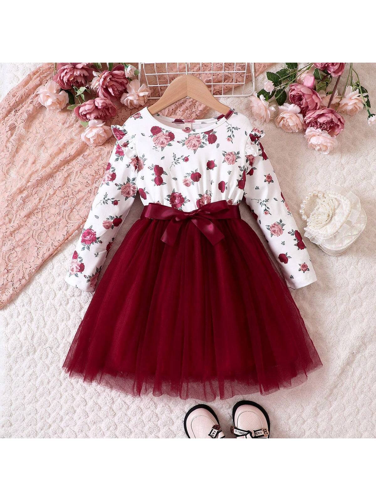 Girls Floral Print Contrast Mesh Casual Long Sleeve Dress, Spring/Fall