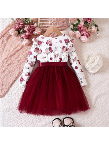 Girls Floral Print Contrast Mesh Casual Long Sleeve Dress, Spring/Fall