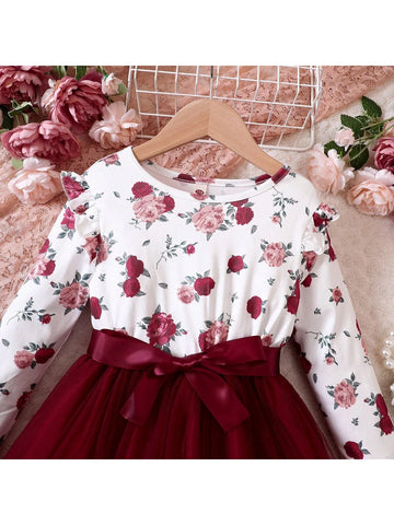 Girls Floral Print Contrast Mesh Casual Long Sleeve Dress, Spring/Fall