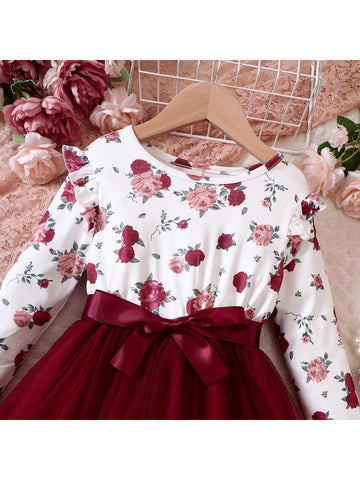 Girls Floral Print Contrast Mesh Casual Long Sleeve Dress, Spring/Fall