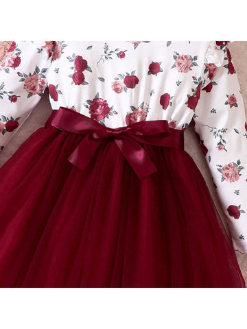 Girls Floral Print Contrast Mesh Casual Long Sleeve Dress, Spring/Fall