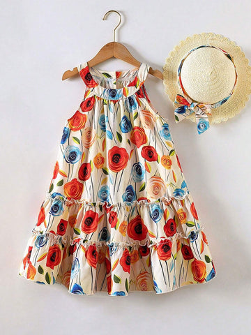 Girls' Floral Print Halter Neck Loose Casual Dress With Ruffled Hem, Suitable For Casual Outings, Shopping, Vacation, Summer