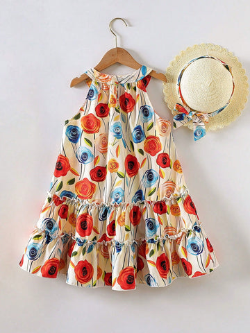 Girls' Floral Print Halter Neck Loose Casual Dress With Ruffled Hem, Suitable For Casual Outings, Shopping, Vacation, Summer