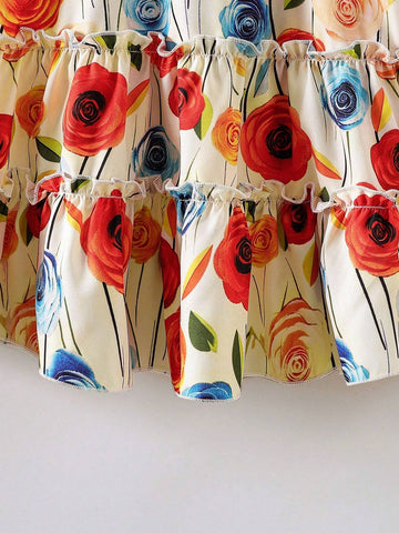 Girls' Floral Print Halter Neck Loose Casual Dress With Ruffled Hem, Suitable For Casual Outings, Shopping, Vacation, Summer