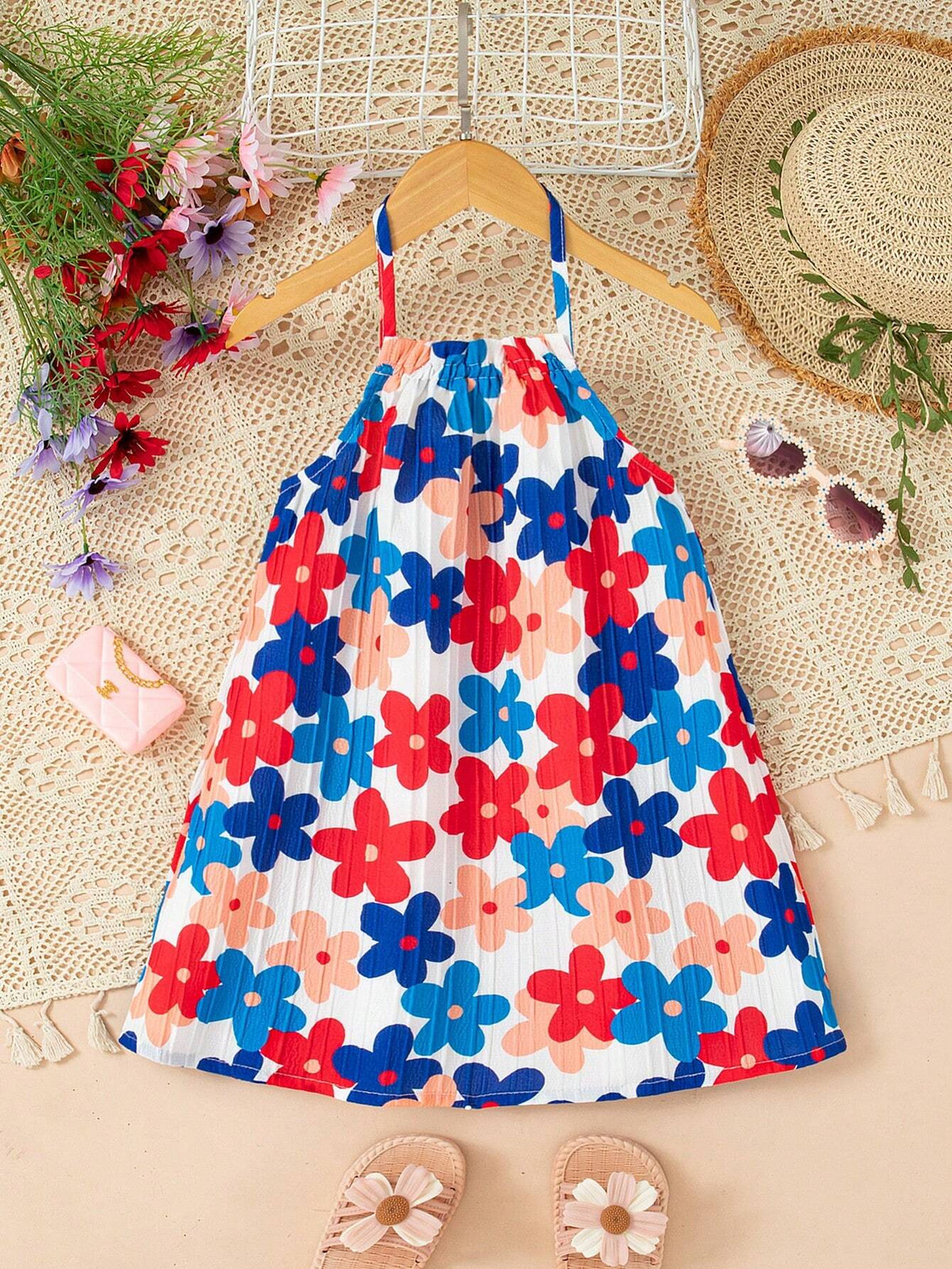 Girls' Floral Print Halter Summer Dress