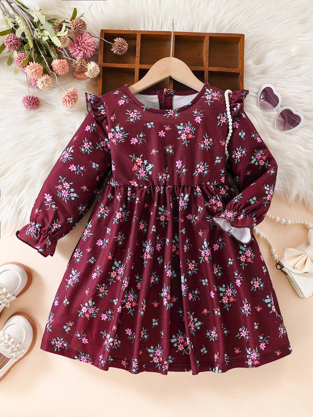 Girls' Floral Print Long Sleeve Casual Dress, Spring Autumn