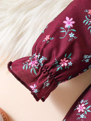 Girls' Floral Print Long Sleeve Casual Dress, Spring Autumn