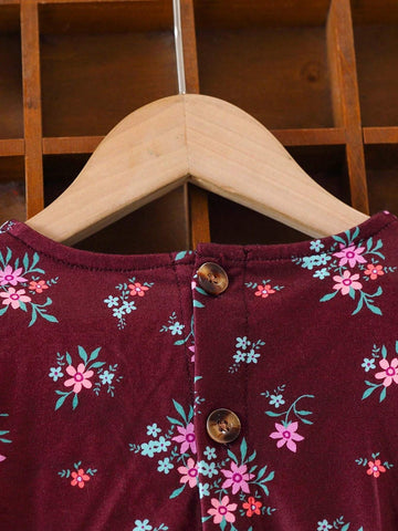 Girls' Floral Print Long Sleeve Casual Dress, Spring Autumn