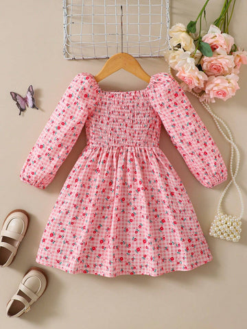 Girls Floral Print Long Sleeve Dress, Spring Autumn