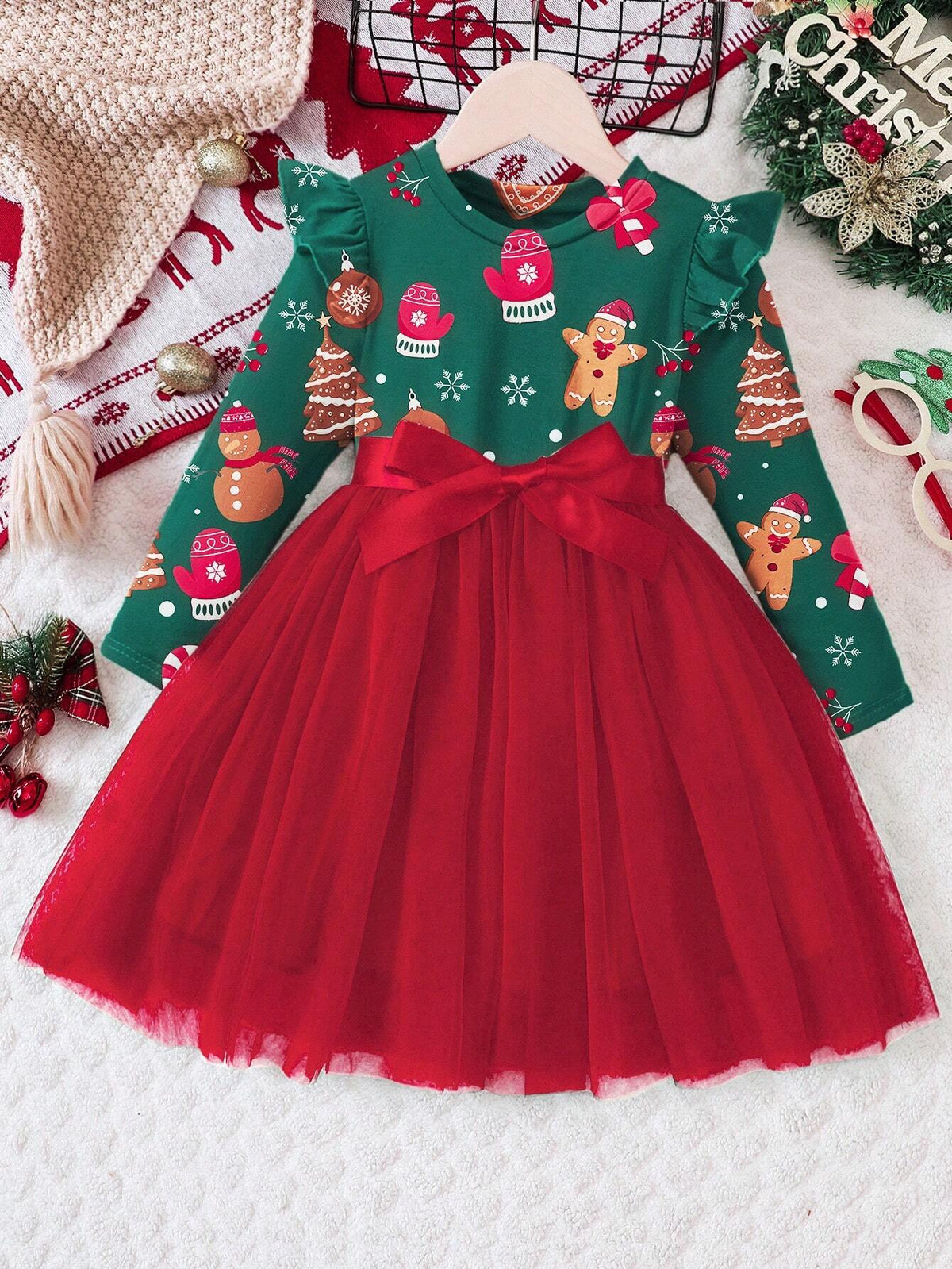 Girls Floral Print Long Sleeve Mesh Patchwork Casual Dress, Spring And Autumn