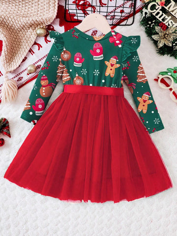 Girls Floral Print Long Sleeve Mesh Patchwork Casual Dress, Spring And Autumn