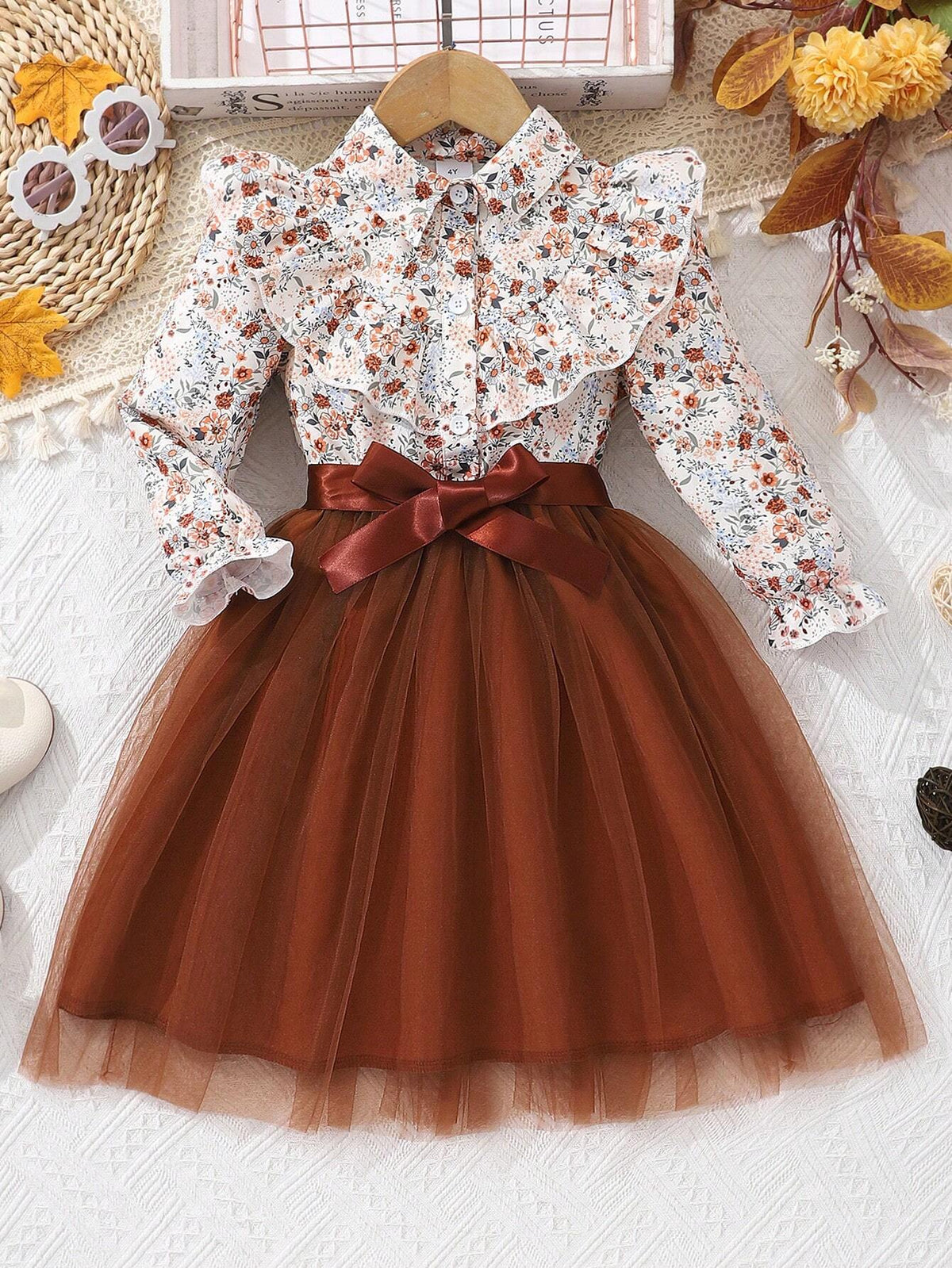 Girls Floral Print Long Sleeve Netted Dress With Woven Belt