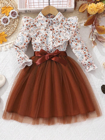 Girls Floral Print Long Sleeve Netted Dress With Woven Belt