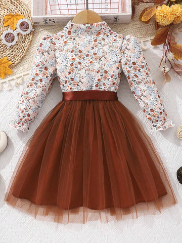 Girls Floral Print Long Sleeve Netted Dress With Woven Belt