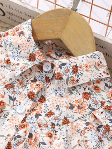 Girls Floral Print Long Sleeve Netted Dress With Woven Belt