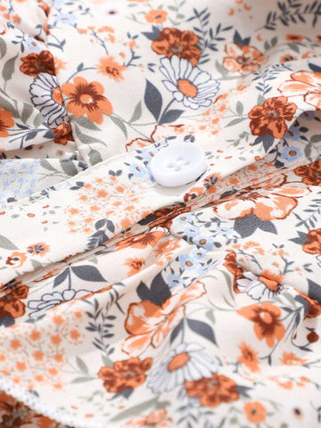 Girls Floral Print Long Sleeve Netted Dress With Woven Belt