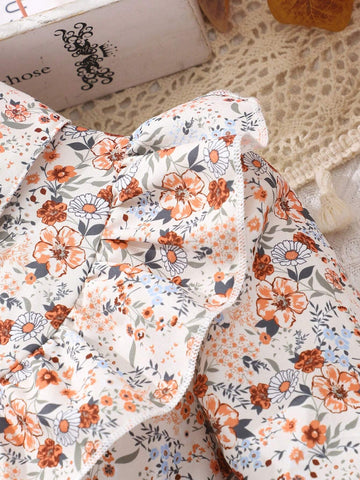 Girls Floral Print Long Sleeve Netted Dress With Woven Belt