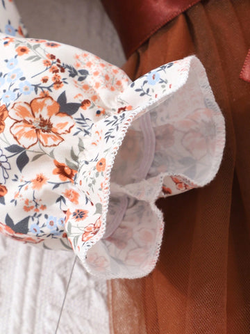 Girls Floral Print Long Sleeve Netted Dress With Woven Belt