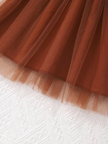 Girls Floral Print Long Sleeve Netted Dress With Woven Belt