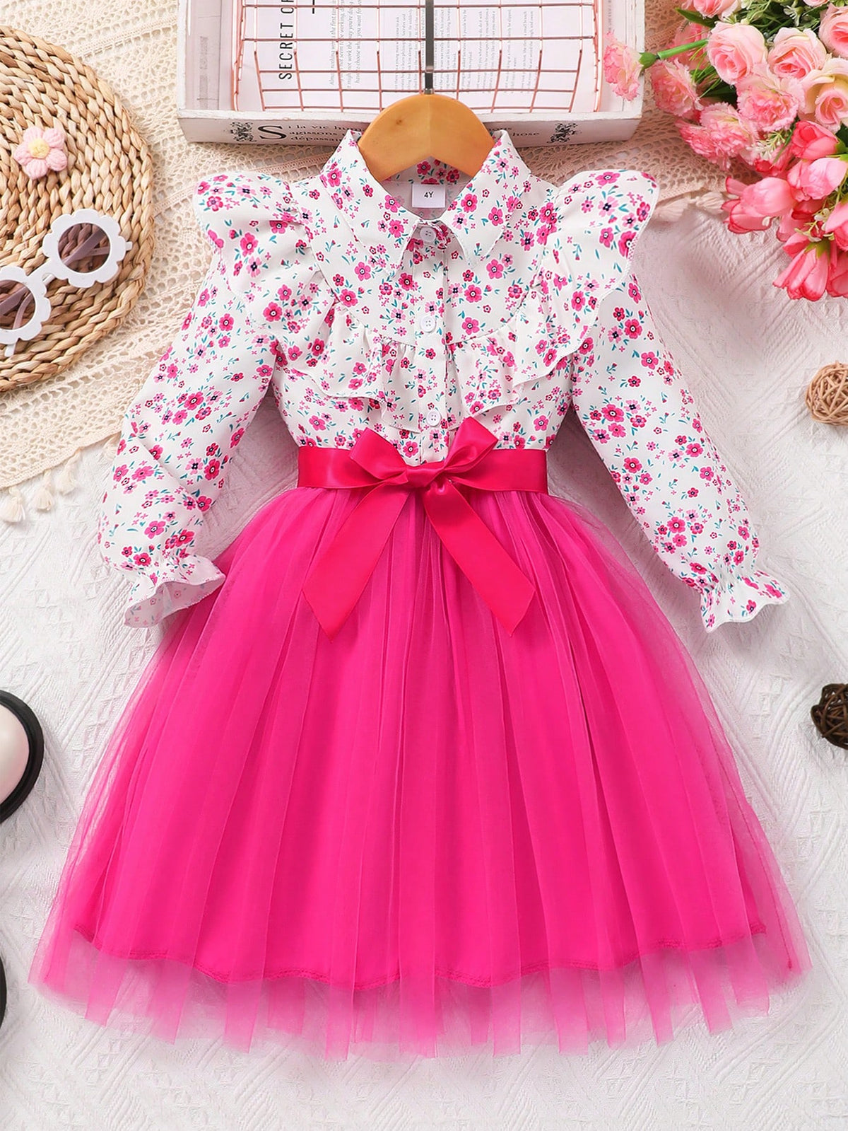 Girls Floral Print Mesh Long Sleeve Dress With Waist Belt