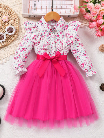 Girls Floral Print Mesh Long Sleeve Dress With Waist Belt