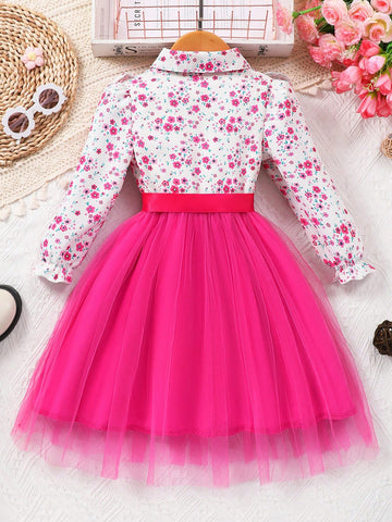 Girls Floral Print Mesh Long Sleeve Dress With Waist Belt