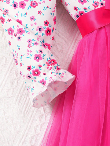 Girls Floral Print Mesh Long Sleeve Dress With Waist Belt