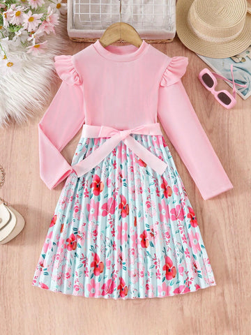 Girls Floral Print Pleated Casual Long Sleeve Dress For Spring & Autumn