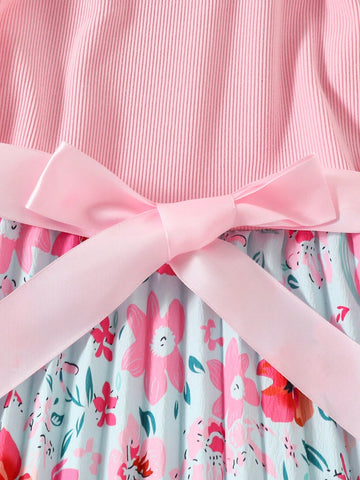 Girls Floral Print Pleated Casual Long Sleeve Dress For Spring & Autumn