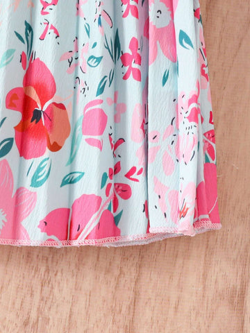 Girls Floral Print Pleated Casual Long Sleeve Dress For Spring & Autumn